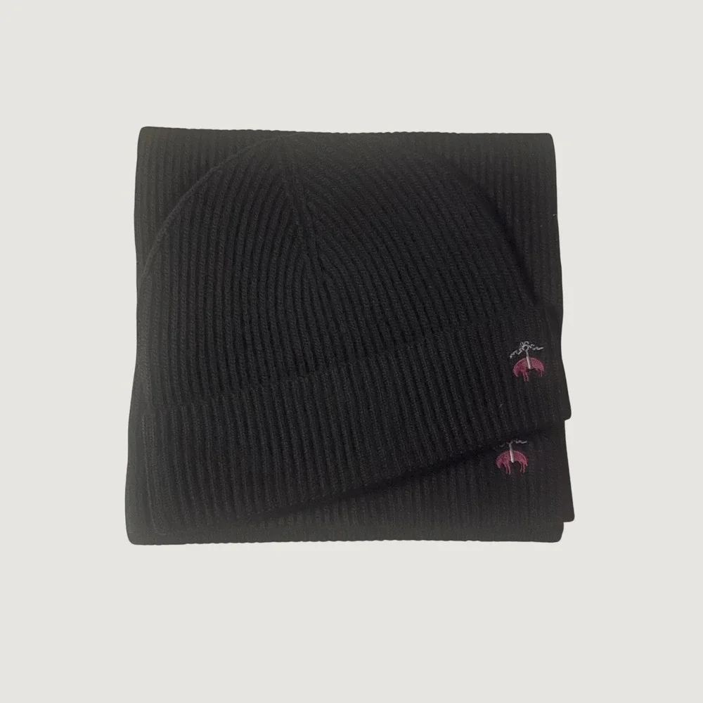 BROOKS BROTHERS Merino Wool Cashmere Black Ribbed Beanie Hat and Scarf Set NEW